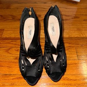 Prada Satin Cutout Accent Heeled Sandals